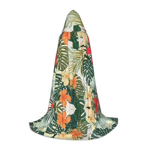 Vegetation Leaves With Hibiscus Flowers Hooded Cape For Teenagers, Unisex Cloak Robe Hooded Halloween Costume Satin Witches Vampire Cloak Fancy Dress Up Children von Tuehbsvo