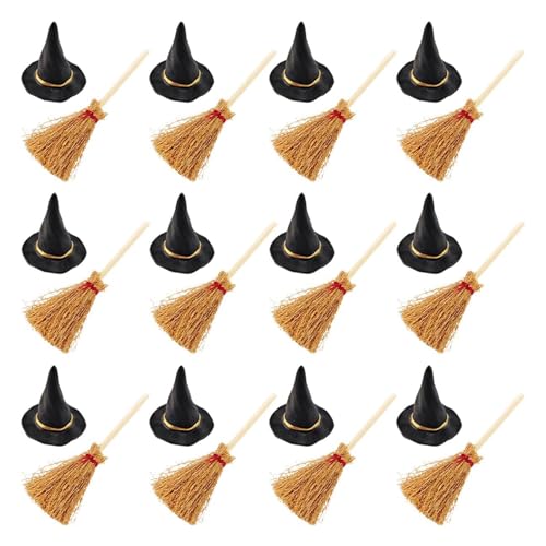 Tuelaly Mini-Hexenhut mit Mini-Besen, Mini-Strohbesen, Kunststoff, Hexenhut, Set für Halloween-Party-Dekoration, 12-teilig von Tuelaly