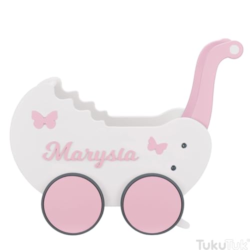 TukuTuk Puppenwagen ab 1 Jahr - Individuell mit Namen - Handgefertigter Puppenwagen - Holzpuppenwagen - Sicher Abgerundete Kanten - Ausdrucksstarke und Schöne Farben (Weiß, Rosa) von TukuTuk