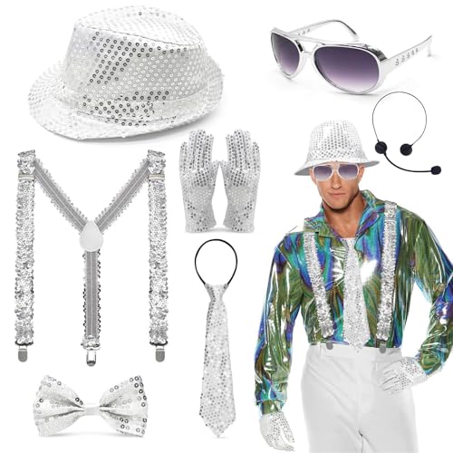 Glitzer Accessoires Herren,Glitzer Kostüm Herre,mit Pailletten Hosenträger Fliege Paillettenhut Kopfmikrofon Sonnenbrille Pailletten handschuhen,Outfit Herren für Fasching Party Dance Performence Glitzer Accessoires Herren,Glitzer Kostüm Herre,mit Pailletten Hosenträger Fliege Paillettenhut Kopfmikrofon Sonnenbrille Pailletten handschuhen,Outfit Herren für Fasching Party Dance Performence von Tulov