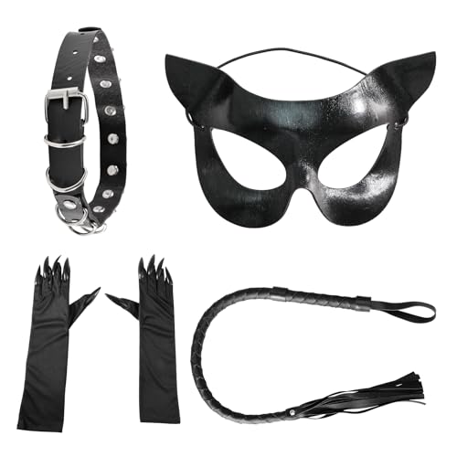 Tulov 4 Stück Katze Cosplay Set,Katzenkostüm Damen Kinder,Tier Kostüm Set Halloween Karneval Cos play Party,Cos play Katze Accessoires,Karneval Katzen Cos play Accessoires（schwarz） von Tulov