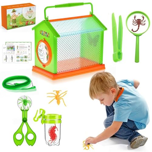Tulovs 11-teiliges Forscherset für Kinder, Outdoor-Erkundungsspielzeug mit Insekt Viewer Box & Insect Clip & Pinzette & Kinderlupe & Sammelflasche & 5 simulierten Insekten & Lanyard, von Tulov