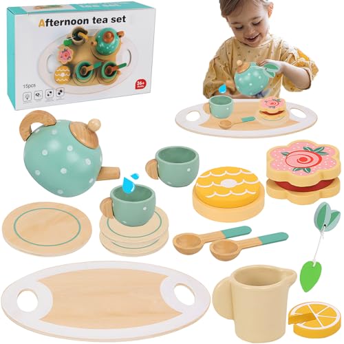 Teeservice Kinder Holz Kinderküche Zubehör, 15 Pcs Tee Set Küchenzubehör Kinder Holz Puppengeschirr Teeparty Spielküche Rollenspiele Geschenk für Kinder Mädchen Jungen von Tuluto