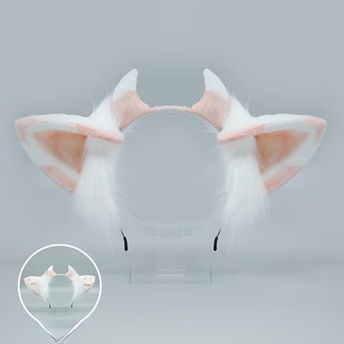 Tunbuy Halloween Ostern Pelziger handgefertigter KC Kuhohren Schafhorn Kopfschmuck für Charaktere Kostüm Cosplay Party (rosa weiß) von Tunbuy