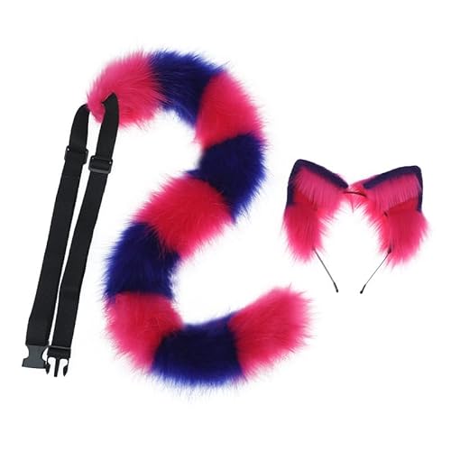 Tunbuy Halloween Pelzige handgefertigte Grinsekatze Fuchsohren Kopfschmuck Stirnband Schwanz Set für Cosplay Kostüm Party (Rose Blue Set) von Tunbuy