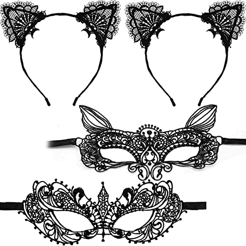 4 Stück Spitze Maskerade Maske,Venezianischen Damen Spitze Augenmaske,Katzenohren Stirnband Katzenmaske,für Halloween Fasching,Karneval Masquerade,Cosplay,Abendkleid Tanz,Maskerade Venezianische von Tuofang