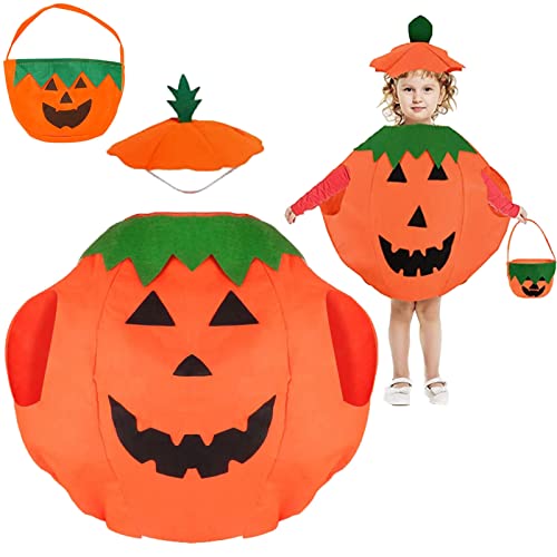 Halloween Kürbis Mantel Hut Set, Halloween Kostüm Kürbiskostüm mit Candy Bag, Lustig Niedlichen Kostüm Verkleiden Cosplay Strampler mit Hut, für Halloween, Karneval, Cosplay (L) von Tuofang