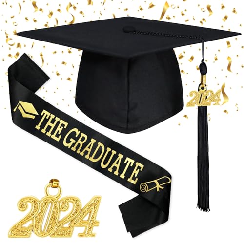 Tuofang 2024 Bachelor Hut, Absolventenhut Studentenhut, Abschluss Hut im Universalgröße, Graduation Cap mit Schärpe Schwarz (A) von Tuofang