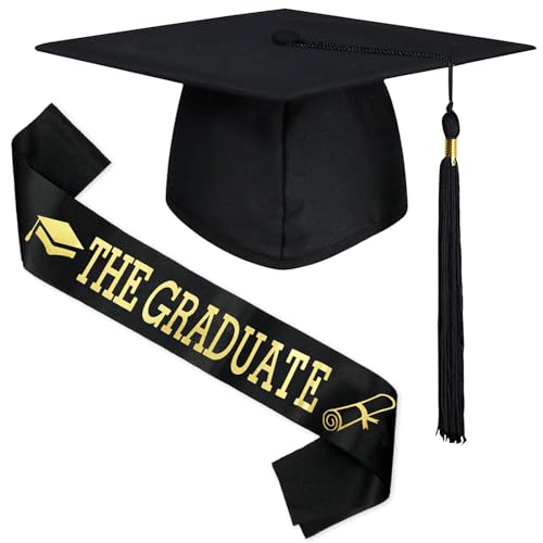 Tuofang 2024 Bachelor Hut, Absolventenhut Studentenhut, Abschluss Hut im Universalgröße, Graduation Cap mit Schärpe Schwarz (B) von Tuofang