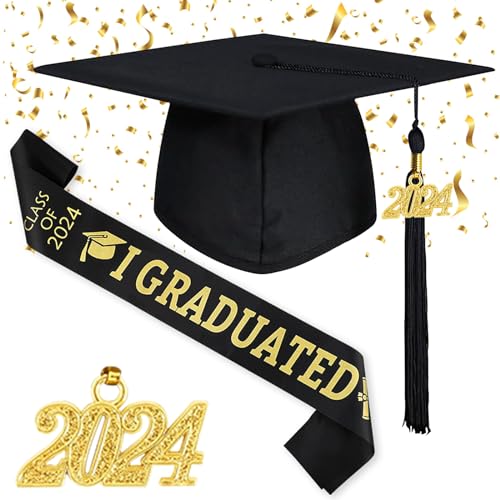 Tuofang 2024 Bachelor Hut, Absolventenhut Studentenhut, Abschluss Hut im Universalgröße, Graduation Cap mit Schärpe Schwarz (C) von Tuofang