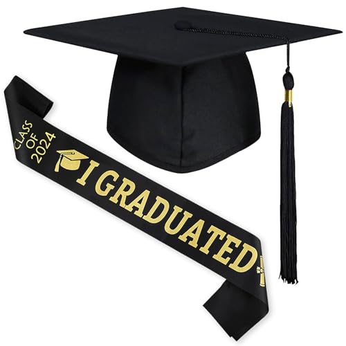 Tuofang 2024 Bachelor Hut, Absolventenhut Studentenhut, Abschluss Hut im Universalgröße, Graduation Cap mit Schärpe Schwarz (D) von Tuofang