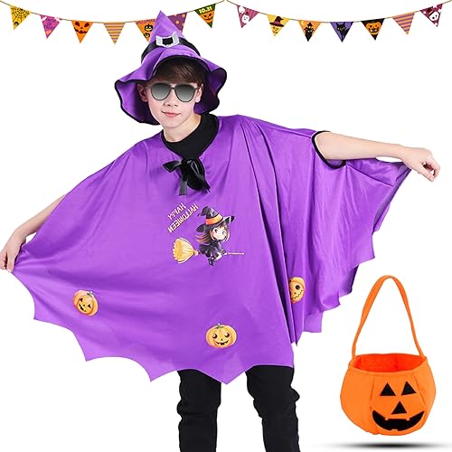 Tuofang Halloween Kostüm Kinder mit Kürbis Candy Bag, Fledermaus Umhang Kostüm mit Hut für Mädchen Jungen, Heloweenkostüme Kids für Fasching Karneval (Höhe 90-150cm) (Lila), 110*80cm von Tuofang