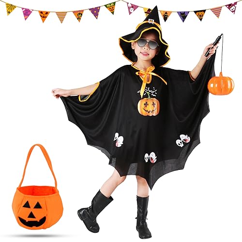 Tuofang Halloween Kostüm Kinder mit Kürbis Candy Bag, Fledermaus Umhang Kostüm mit Hut für Mädchen Jungen, Heloweenkostüme Kids für Fasching Karneval (Höhe 90-150cm) (Schwarz), 110*80cm von Tuofang