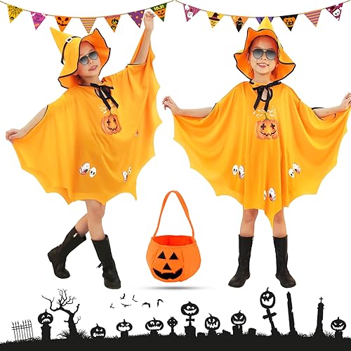 Tuofang Halloween Kostüm Kinder mit Kürbis Candy Bag, Fledermaus Umhang Kostüm mit Hut für Mädchen Jungen, Heloweenkostüme Kids für Fasching Karneval (Höhe 90-150cm) (Gelb), 110*80cm von Tuofang