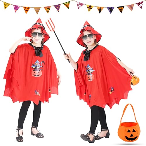 Tuofang Halloween Kostüm Kinder mit Kürbis Candy Bag, Fledermaus Umhang Kostüm mit Hut für Mädchen Jungen, Heloweenkostüme Kids für Fasching Karneval (Höhe 90-150cm) (Rot), 110*80cm von Tuofang