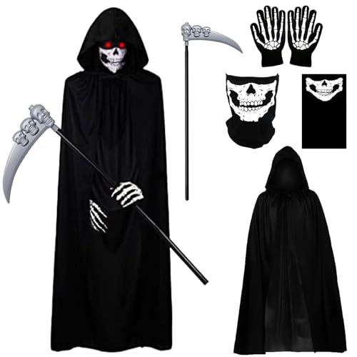 Tuofang Halloween Sensenmann Kostüm Set Spooktacular Creations Sensenmann Grim Reaper Sensenmann Umhang mit Schädelmaske Handschuhen für Halloween Dekoration Cosplay Karneval von Tuofang