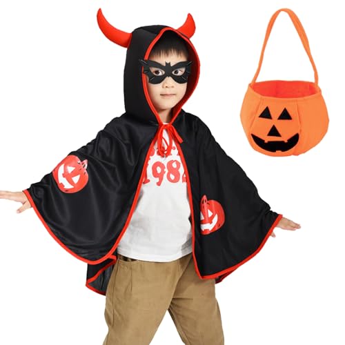 Tuofang Halloween Umhang Cape, Kinder Halloween Kostüm, mit Ox Horn Mit Kapuze Mantel, Kürbis Candy Bag, Zauberer Mantel mit Requisiten für Jungen Mädchen Cosplay Party (Black) von Tuofang