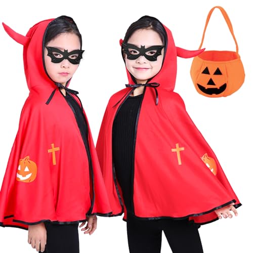 Tuofang Halloween Umhang Cape, Kinder Halloween Kostüm, mit Ox Horn Mit Kapuze Mantel, Kürbis Candy Bag, Zauberer Mantel mit Requisiten für Jungen Mädchen Cosplay Party (Red) von Tuofang