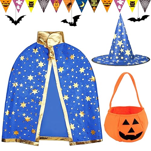 Tuofang Halloween Zauberer Kostüm für Kinder, Halloween Kostüm Kürbis Witch Umhang mit Hut Candy Bag, Halloween Fledermaus Kostüm Kinder für Junge Mädchen Cosplay party (Blau) von Tuofang