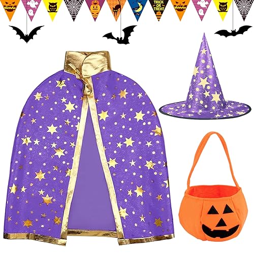 Tuofang Halloween Zauberer Kostüm für Kinder, Halloween Kostüm Kürbis Witch Umhang mit Hut Candy Bag, Halloween Fledermaus Kostüm Kinder für Junge Mädchen Cosplay party (Lila) von Tuofang