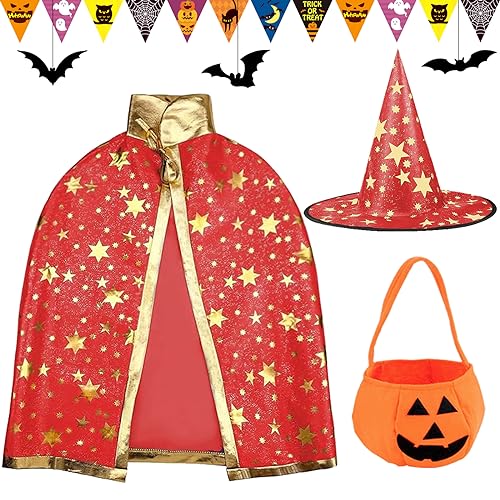 Tuofang Halloween Zauberer Kostüm für Kinder, Halloween Kostüm Kürbis Witch Umhang mit Hut Candy Bag, Halloween Fledermaus Kostüm Kinder für Junge Mädchen Cosplay party (Rot) von Tuofang