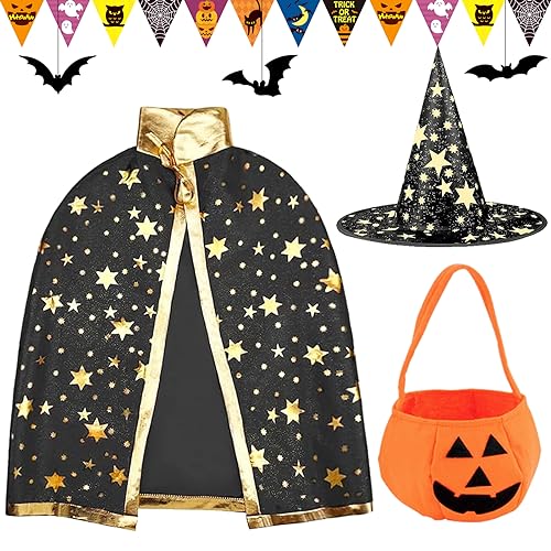 Tuofang Halloween Zauberer Kostüm für Kinder, Halloween Kostüm Kürbis Witch Umhang mit Hut Candy Bag, Halloween Fledermaus Kostüm Kinder für Junge Mädchen Cosplay party (Schwarz) von Tuofang