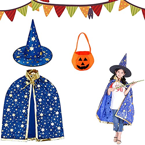 Tuofang Kinder Halloween Kostüm, Halloween Kostüme Hexen Zauberer Umhang mit Hut, Kürbis Candy Bag, Halloween Kostüme Cosplay Verkleidung für Jungen Mädchen (Blau) von Tuofang