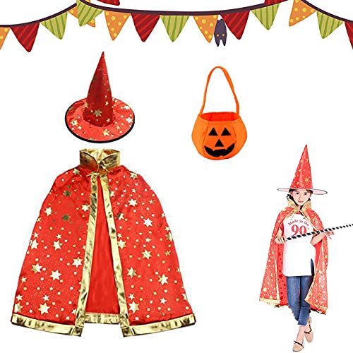 Tuofang Kinder Halloween Kostüm, Halloween Kostüme Hexen Zauberer Umhang mit Hut, Kürbis Candy Bag, Halloween Kostüme Cosplay Verkleidung für Jungen Mädchen (Rot) von Tuofang