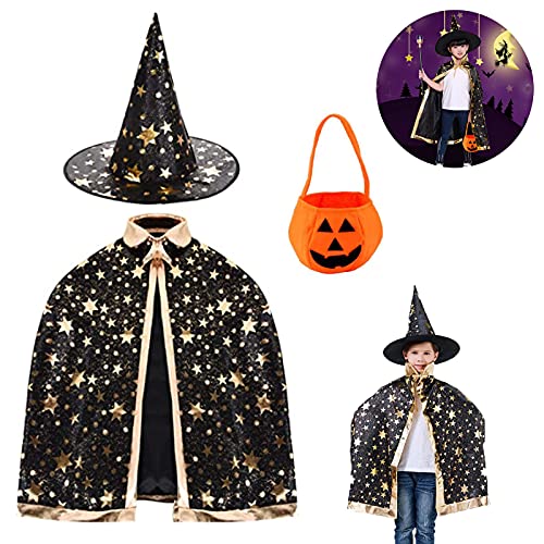 Tuofang Kinder Halloween Kostüm, Halloween Kostüme Hexen Zauberer Umhang mit Hut, Kürbis Candy Bag, Halloween Kostüme Cosplay Verkleidung für Jungen Mädchen (Schwarz) von Tuofang
