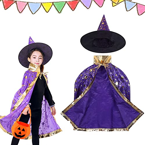Tuofang Kinder Halloween Kostüm, Halloween Kostüme Hexen Zauberer Umhang mit Hut, Kürbis Candy Bag, Halloween Kostüme Cosplay Verkleidung für Jungen Mädchen (Violett) von Tuofang