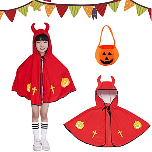 Tuofang Kinder Halloween Kostüm, Halloween Umhang Cape mit Ox Horn Mit Kapuze Mantel, HexenZauberer Umhang, Kürbis Candy Bag, Halloween Kostüme Cosplay Verkleidung für Jungen Mädchen (Rot) von Tuofang