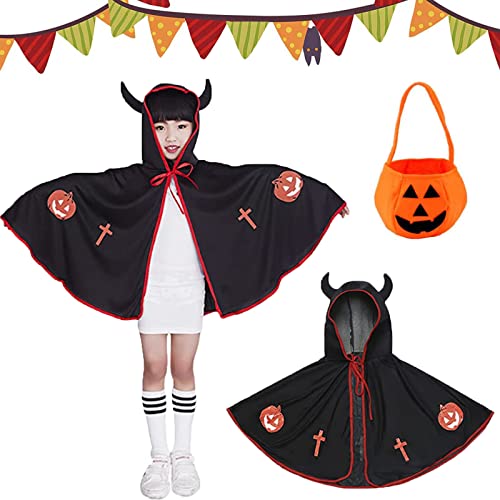 Tuofang Kinder Halloween Kostüm, Halloween Umhang Cape mit Ox Horn Mit Kapuze Mantel, HexenZauberer Umhang, Kürbis Candy Bag, Halloween Kostüme Cosplay Verkleidung für Jungen Mädchen (Schwarz) von Tuofang