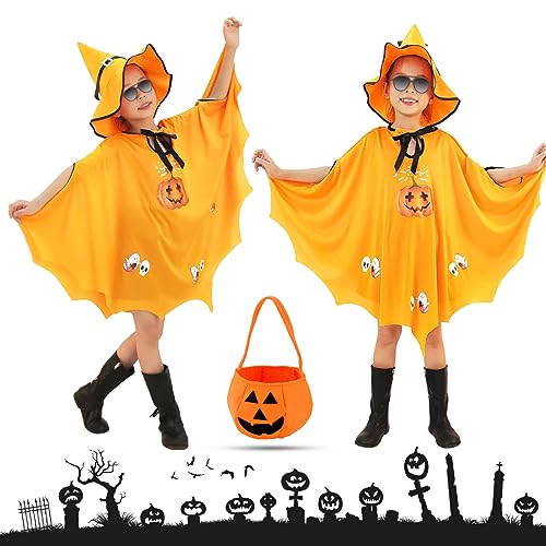 Tuofang Kinder Halloween Kostüm, Kinderkostüm Vampir Fledermaus, Halloween Fledermaus Umhang mit Hut, Kürbis Candy Bag, für Jungen Mädchen Halloween kostüm Cosplay Party (Gelb) von Tuofang