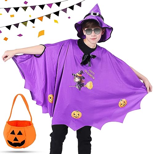 Tuofang Kinder Halloween Kostüm, Kinderkostüm Vampir Fledermaus, Halloween Fledermaus Umhang mit Hut, Kürbis Candy Bag, für Jungen Mädchen Halloween kostüm Cosplay Party (Lila) von Tuofang