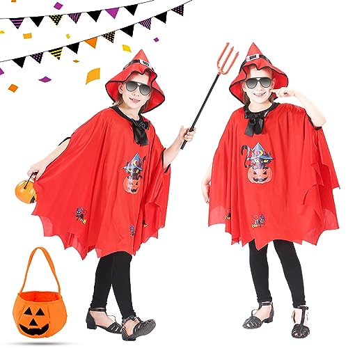 Tuofang Kinder Halloween Kostüm, Kinderkostüm Vampir Fledermaus, Halloween Fledermaus Umhang mit Hut, Kürbis Candy Bag, für Jungen Mädchen Halloween kostüm Cosplay Party (Rot) von Tuofang