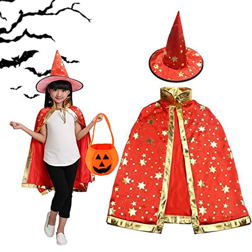 Tuofang Kinder Halloween Kostüm, Wizard Cape Witch Umhang mit Hut, Kürbis Candy Bag, Zauberer-Umhang für Kinder, für Kinder Junge Mädchen Kostüm Cosplay Festivel Party Star Style (Rot) von Tuofang