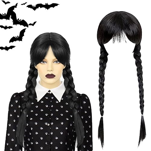 Tuofang Perücke für Kinder, Perücken mit Pony Zopf, Schwarze Geflochtene Perücken Perücke Merchandise, Für Cosplay Party Fasching Karneval Halloween von Tuofang