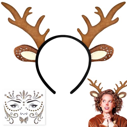 Tuofang Rentier Haarreifen, Rentier Haarreif mit Ohren, Haarreif Reh Geweih Hörner Rehohren + Reh Gesichtstattoo, Damen Kinder Reh kostüm Kopfschmuck Haarreifen Fasching Mottoparty Cosplay Halloween Tuofang Rentier Haarreifen, Rentier Haarreif mit Ohren, Haarreif Reh Geweih Hörner Rehohren + Reh Gesichtstattoo, Damen Kinder Reh kostüm Kopfschmuck Haarreifen Fasching Mottoparty Cosplay Halloween von Tuofang