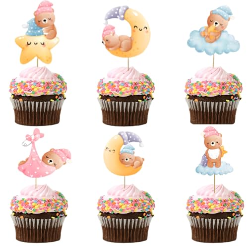 30 Stück Bären-Cupcake-Dekorationen für Babypartys, Kuchenaufsätze, Mond-Babybär-Kuchendekorationen für Geschlechtsoffenbarung, Babyparty, Kindergeburtstag, Partyzubehör (Rosa) von TuseRxln