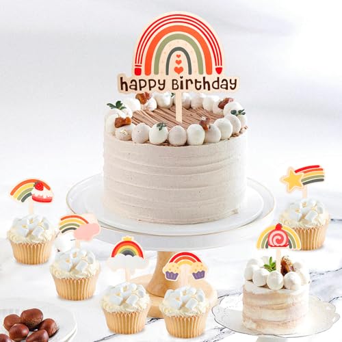 Tortendeko Geburtstag Regenbogen Holz, Kuchendeko Regenbogen Junge Mädchen, Bunte Cake Topper Happy Birthday Torte Cupcake Muffin Deko Kindergeburtstag Party von Tutukyle