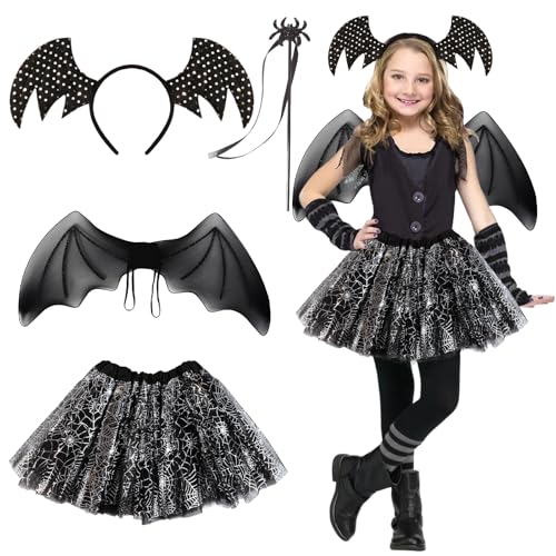 Fledermaus Kostüm Kinder Mädchen - Schwarzer Tüllrock, Haarreif, Tütü, Magic Stick - Karneval Spinne Themenparty Cosplay Faschingskostüme von Tutukyle