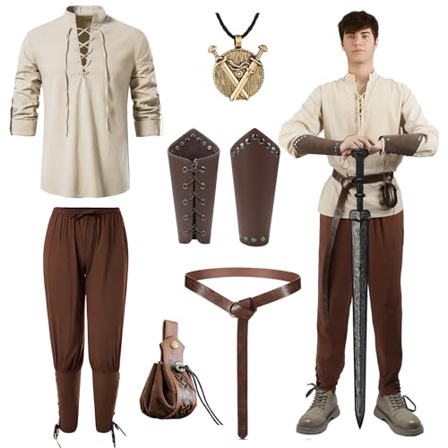 Mittelalter Kleidung Herren,7pcs Mittelalter Kleidung Kostüm Set Mittelalterliches Piratenhemd Herren Lang Hose Gürtel lederbeutel Armschienen Halskette Wikinger Renaissance Deko Halloween Karneval Mittelalter Kleidung Herren,7pcs Mittelalter Kleidung Kostüm Set Mittelalterliches Piratenhemd Herren Lang Hose Gürtel lederbeutel Armschienen Halskette Wikinger Renaissance Deko Halloween Karneval von Tutukyle