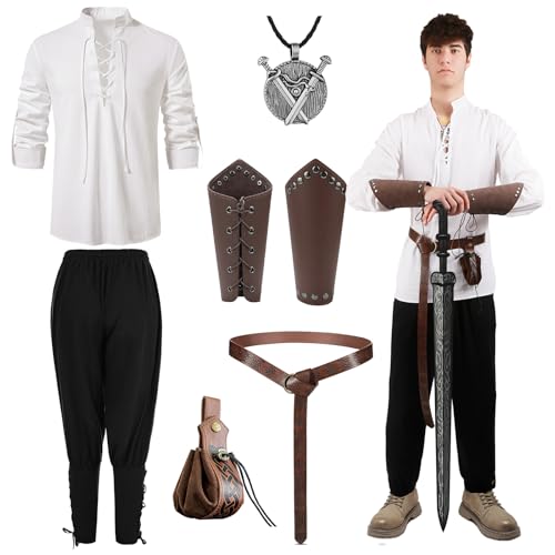 Mittelalter Kleidung Herren,7pcs Mittelalter Kleidung Kostüm Set Mittelalterliches Piratenhemd Herren Lang Hose Gürtel lederbeutel Armschienen Halskette Wikinger Renaissance Deko Halloween Karneval Mittelalter Kleidung Herren,7pcs Mittelalter Kleidung Kostüm Set Mittelalterliches Piratenhemd Herren Lang Hose Gürtel lederbeutel Armschienen Halskette Wikinger Renaissance Deko Halloween Karneval von Tutukyle