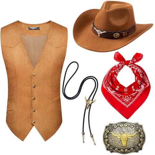 Tuxsuitown Cowboy-Outfit für Herren, Cowboy-Kostüm, Westernweste, Hut und Zubehör für Halloween, Wild-West-Party, 5-teilig, Braun, L Tuxsuitown Cowboy-Outfit für Herren, Cowboy-Kostüm, Westernweste, Hut und Zubehör für Halloween, Wild-West-Party, 5-teilig, Braun, L von Tuxsuitown