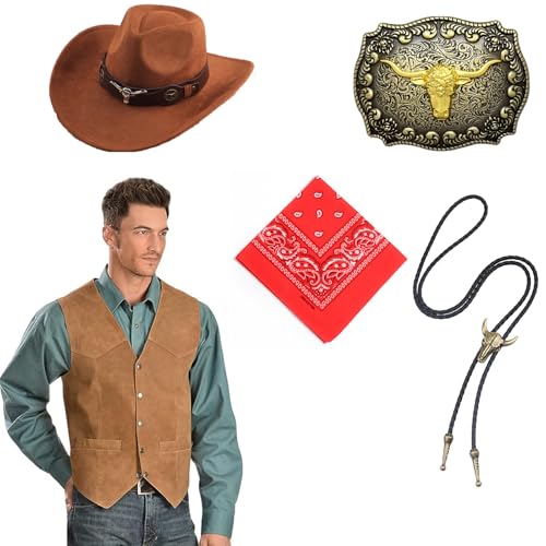 Tuxsuitown Cowboy-Outfit für Herren, Cowboy-Kostüm, Westernweste, Hut und Zubehör für Halloween, Wild-West-Party, 5-teilig, Braun, S Tuxsuitown Cowboy-Outfit für Herren, Cowboy-Kostüm, Westernweste, Hut und Zubehör für Halloween, Wild-West-Party, 5-teilig, Braun, S von Tuxsuitown