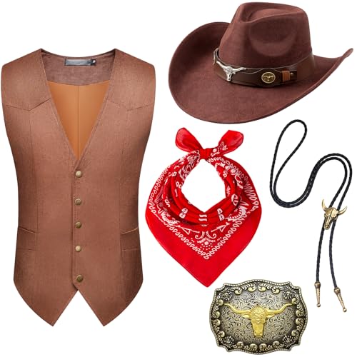 Tuxsuitown Cowboy-Outfit für Herren, Cowboy-Kostüm, Westernweste, Hut und Zubehör für Halloween, Wild-West-Party, 5-teilig, Kaffee, XL Tuxsuitown Cowboy-Outfit für Herren, Cowboy-Kostüm, Westernweste, Hut und Zubehör für Halloween, Wild-West-Party, 5-teilig, Kaffee, XL von Tuxsuitown