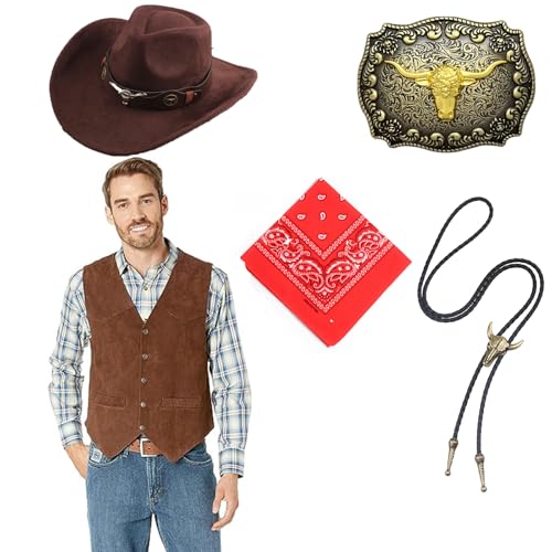 Tuxsuitown Cowboy-Outfit für Herren, Cowboy-Kostüm, Westernweste, Hut und Zubehör für Halloween, Wild-West-Party, 5-teilig, Kaffee, XXL Tuxsuitown Cowboy-Outfit für Herren, Cowboy-Kostüm, Westernweste, Hut und Zubehör für Halloween, Wild-West-Party, 5-teilig, Kaffee, XXL von Tuxsuitown