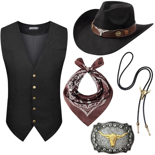 Tuxsuitown Cowboy-Outfit für Herren, Cowboy-Kostüm, Westernweste, Hut und Zubehör für Halloween, Wild-West-Party, 5-teilig, Schwarz, XL von Tuxsuitown