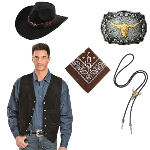 Tuxsuitown Cowboy-Outfit für Herren, Cowboy-Kostüm, Westernweste, Hut und Zubehör für Halloween, Wild-West-Party, 5-teilig, Schwarz, XXL Tuxsuitown Cowboy-Outfit für Herren, Cowboy-Kostüm, Westernweste, Hut und Zubehör für Halloween, Wild-West-Party, 5-teilig, Schwarz, XXL von Tuxsuitown