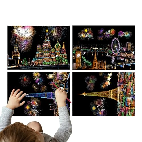 Tuxxjzm Rubbelkunst für Erwachsene, 4 Bögen, Regenbogenmalerei, Nachtansicht, Kratzbrett, Bastelset für Erwachsene und Kinder, A4-Skizzenkarte mit Stift Tuxxjzm Rubbelkunst für Erwachsene, 4 Bögen, Regenbogenmalerei, Nachtansicht, Kratzbrett, Bastelset für Erwachsene und Kinder, A4-Skizzenkarte mit Stift von Tuxxjzm